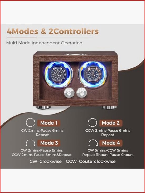 Double Watch Winder Box with LED, Quiet Motor, Type-C Adapter, 4 Rotation Modes